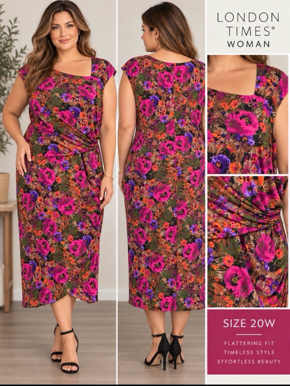 London Times Woman Floral Ruched Draped Dress Plus Size 20W NWT